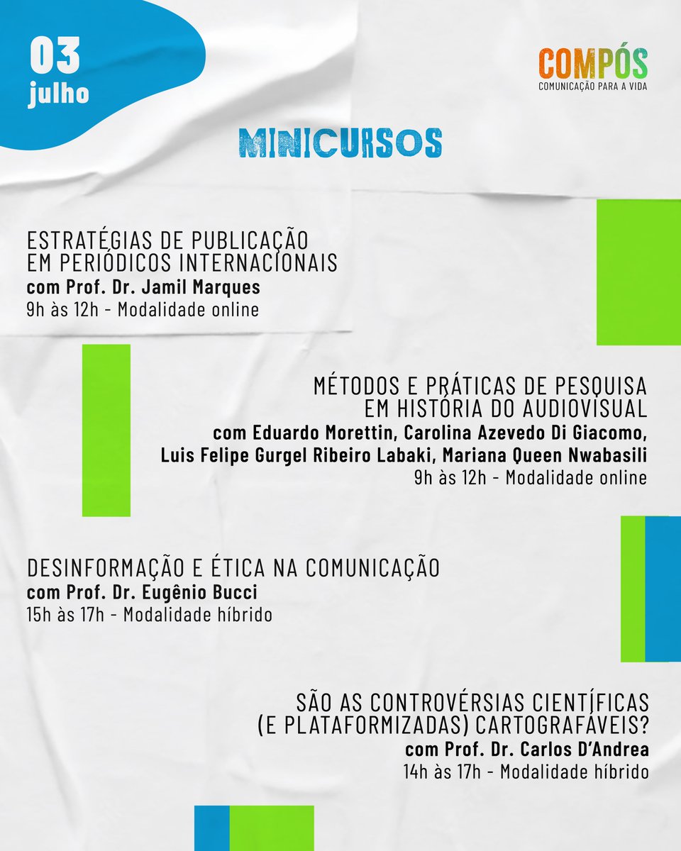 Compos_Oficial's tweet photo. Durante o pré-evento desse ano, serão oito minicursos nas modalidades online ou híbrida, com professores dos PPGs realizadores dessa edição (PPGCOM-USP e PPGMPA-USP) e professores convidados. https://t.co/82mKkU3Gdx