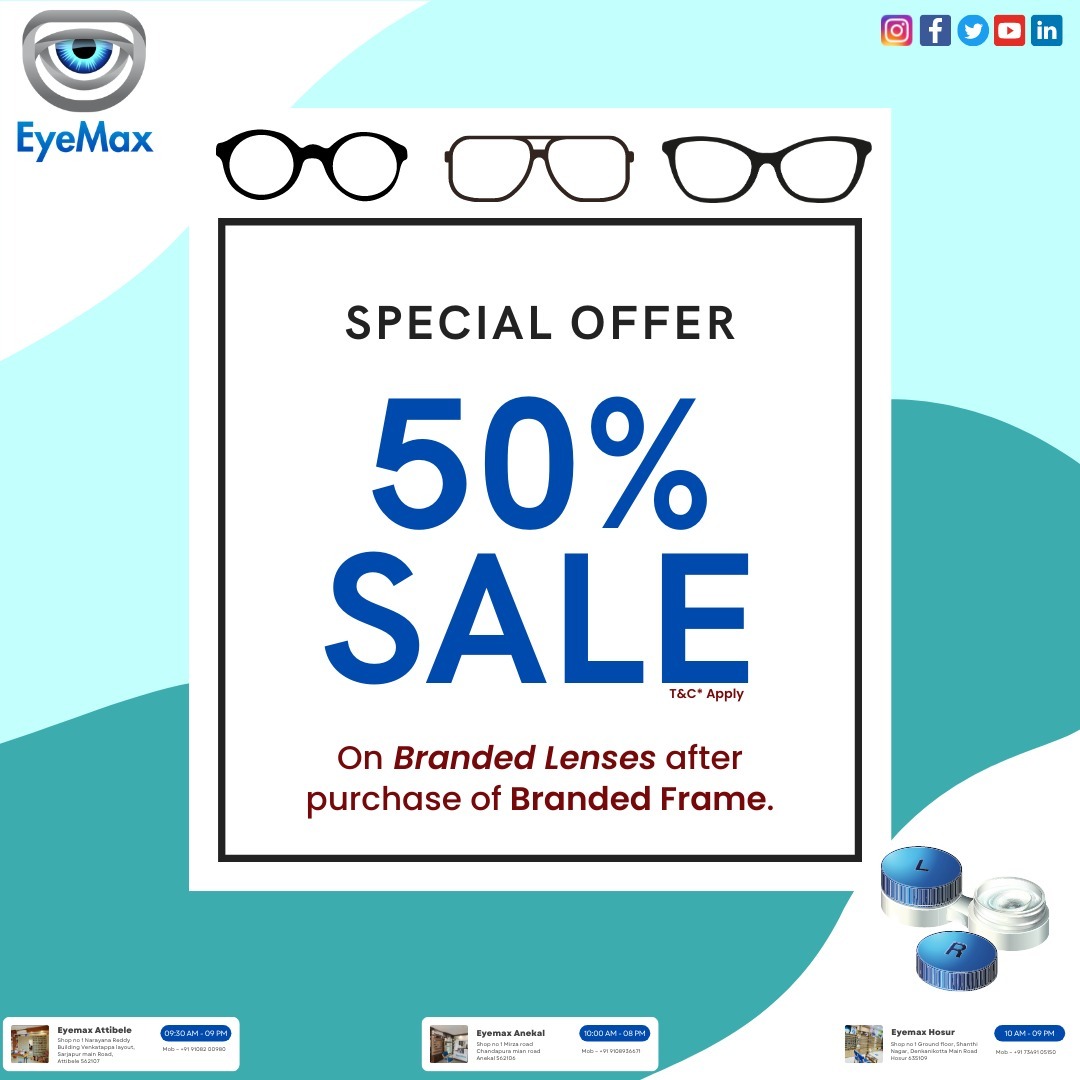 KiEyeMax1's tweet photo. Complete your look with our exclusive offer - get 50% off on branded lenses when you purchase branded frames

For more Info
+91 91082 00980
support@eyemax.live
https://t.co/yedaIMZi7q

#eyemax #kiseyemax #offer #discount #brandedlenses #frames #lenses #attibele #hosur #banglore https://t.co/J0d5XGsN2n
