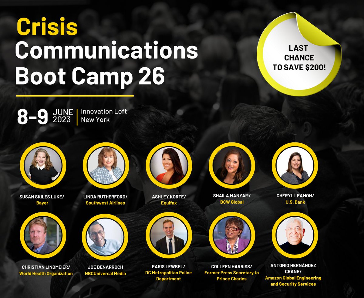 ThePWorld's tweet photo. ‼️Early-bird tickets for the #Crisis #Communications Boot Camp in #NewYork are ending tomorrow!
🎟 Book your ticket now to hear how your colleagues are rewriting their crisis plans for a highly political and polarized world.
⭐️Register here:
https://t.co/tKhNuPjr6Z
#CCBC26 https://t.co/ts1UPnw6Yo