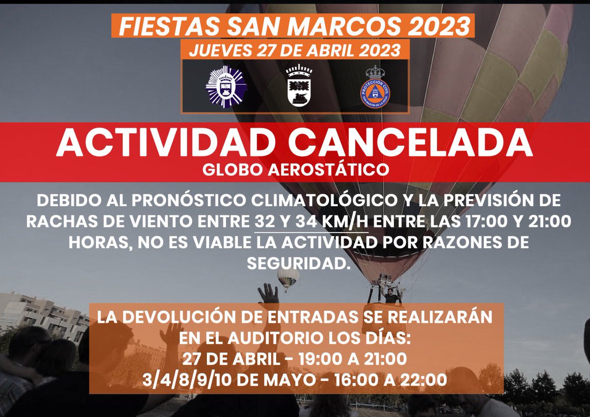 PCivil_SMVEGA's tweet photo. ⚠️SUSPENDIDA LA ACTIVIDAD DEL GLOBO AEROSTÁTICO PREVISTA PARA HOY JUEVES 27 DE ABRIL⚠️

Toda la información: https://t.co/Ei3XjoKFHF