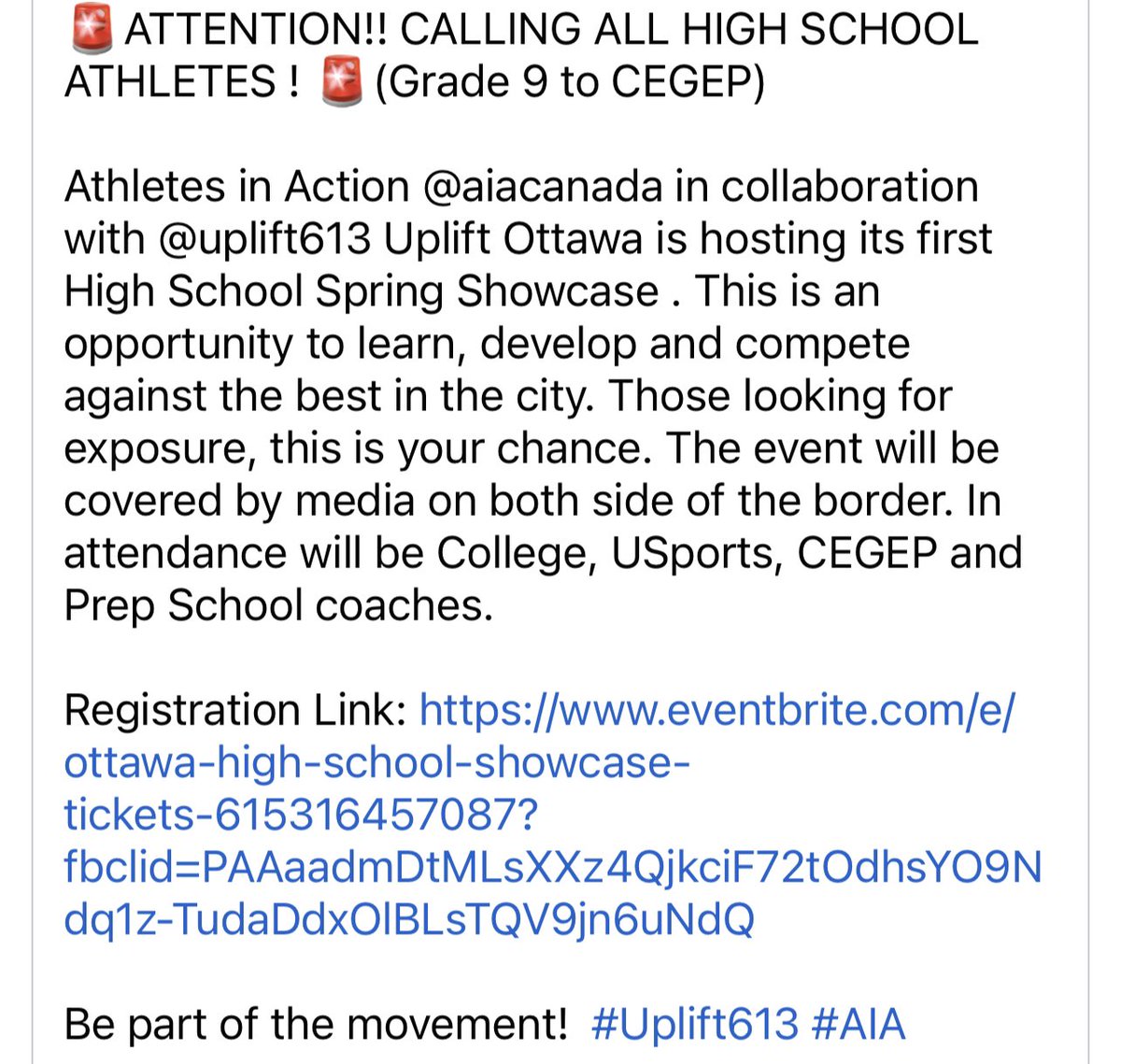 🚨ATTENTION!! CALLING ALL HIGH SCHOOL ATHLETES ! 🚨(Grade 9 to CEGEP)

Deadline May 4th.  
Location change: Ottawa University 

eventbrite.com/e/ottawa-high-…

<a href="/onhsfball/">ONHSFBALL</a> <a href="/OttawaHSFball/">OttawaHSFootball</a> <a href="/NCSSAASports/">National Capital Athletic Association</a> <a href="/GridironCamp/">Victor Tedondo - Gridiron Academy</a> <a href="/ottawacity/">City of Ottawa</a>