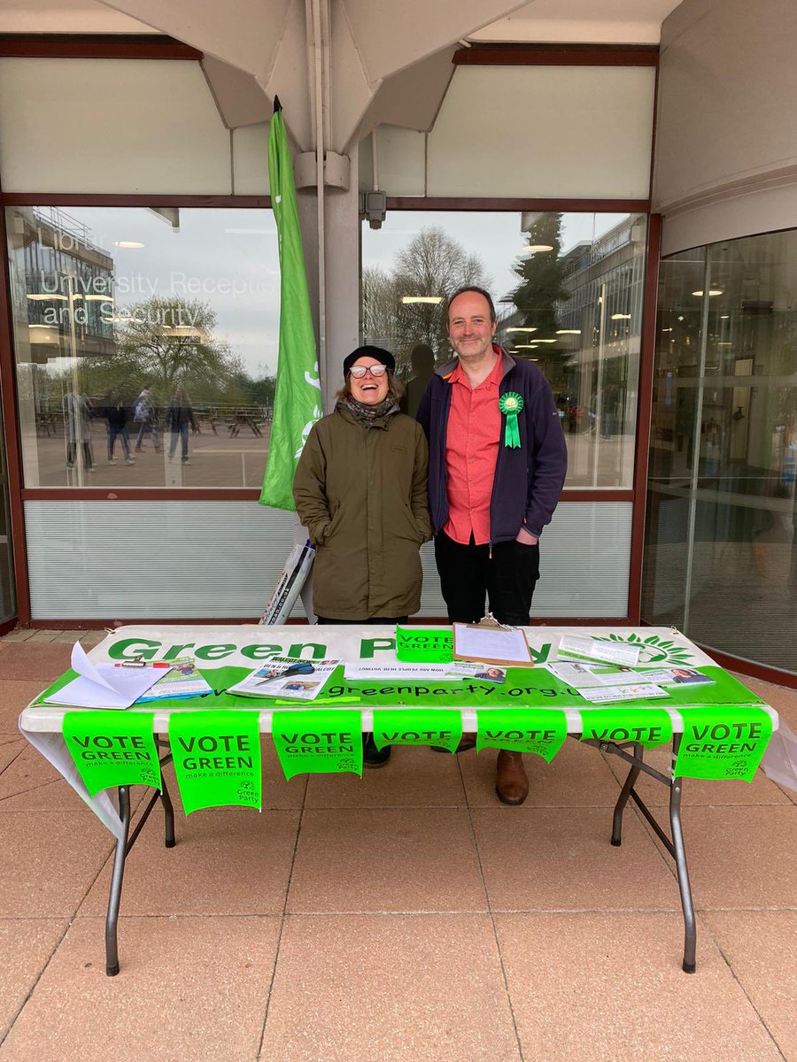 BathNESGreens's tweet photo. Green councillor @clrjoannawright and Parliamentary candidate @DominicTristram talking to students at @UniofBath. Great to see so many students engaged with the local elections and supporting our candidates. Remember, *everyone* in BaNES can use all their votes for Greens. https://t.co/nD3aOhyqpc