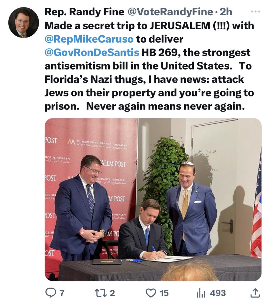 LauraLoomer's tweet photo. JUST IN: .@GovRonDeSantis just signed HB 269 Into law while in Israel.

Just as I reported he would.HB269 criminalizes speech in Florida &amp; makes leafleting “offensive” flyers punishable with a felony and 5 yrs in prison, along with other acts of constitutionally protected speech. https://t.co/mC3QK8P48a