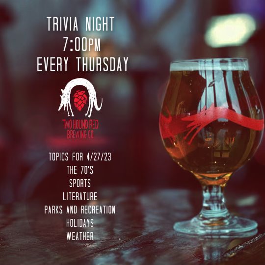 TwoHoundRed's tweet image. Trivia tonight, 4/27!
Topics: The 70’s, Sports, Literature, Parks and Recreation, Holidays and Weather.  Good luck!  Just a note, we are closed for lunch today and open at 4pm.  Cheers! #craftbeer #chicago #trivia #brewpub #glenellyn #takethetrain #ChicagoMetra #cheers #beerlover