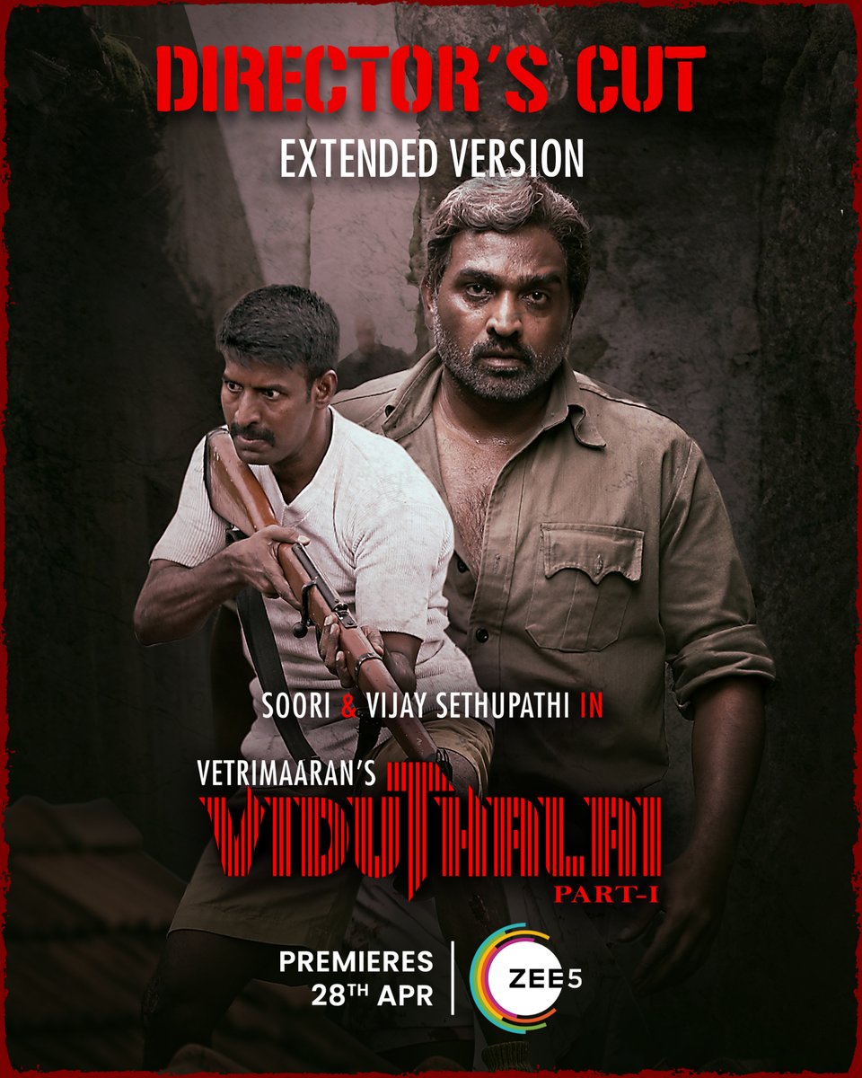 ZEE5Tamil's tweet photo. Witness the uncut, unseen, unbelievable extended version of #ViduthalaiPart1 Director’s cut on zee5tamil premiers on 28th April.

#VetriMaaran @ilaiyaraaja @VijaySethuOffl @sooriofficial @rsinfotainment @BhavaniSre @GrassRootFilmCo  @VelrajR @dirrajivmenon https://t.co/u9F3QHKm3q