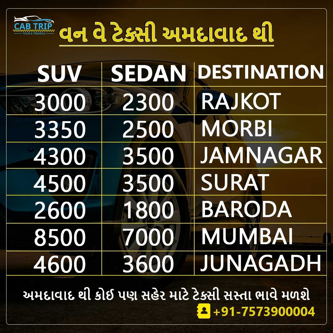 વન વે ટેક્સી અમદાવાદ થી

અમદાવાદ થી કોઈ પણ સહેર માટે ટેક્સી સસ્તા ભાવે મળશે

inquiry Now:
☎Call Now: +91-7573900004
🌎Visit: cab-trip.com

#Cab_Booking #Cab_trip #Cab_Services #Taxi_Services #Cab_trip_Travels #Car_Rental #Round_trip #Car_services #travel #outstation