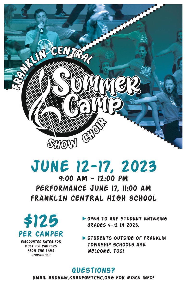 We are thrilled to host the 2nd annual FC Summer Show Choir Camp!  Join us June 12-17 for an awesome week of singing and dancing with Franklin Township's choral music staff and professional, nationally renowned choreographers! Head to fcchoirs.org/summer-camp.ht… to sign-up!
