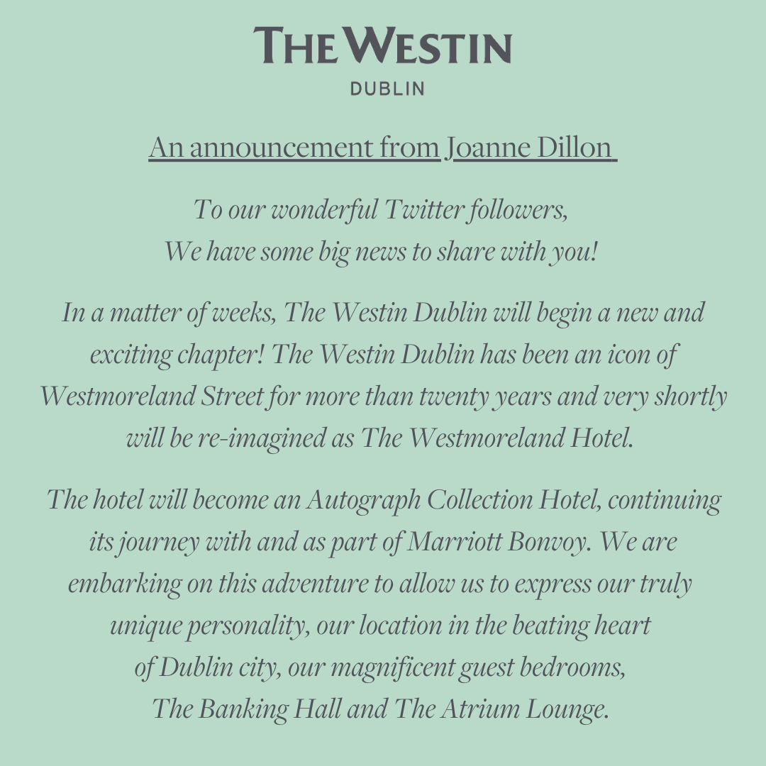 collegegreenhd's tweet photo. ''The Westin Dublin is about to begin a new and exciting chapter!''

Our General Manager, Joanne Dillon is delighted to make an exciting announcement on behalf of The Westin Dublin. https://t.co/p6iXsO1hhk