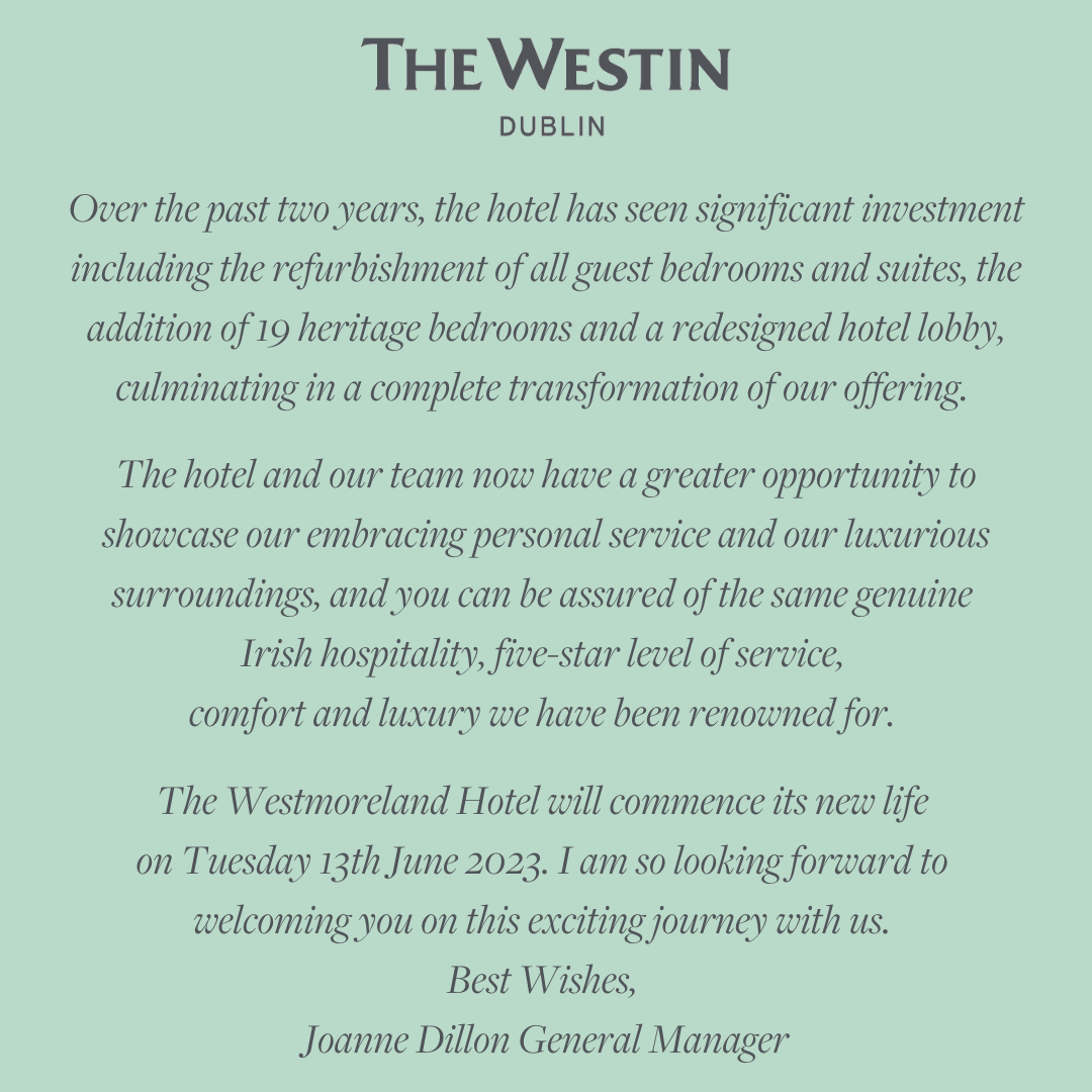 collegegreenhd's tweet photo. ''The Westin Dublin is about to begin a new and exciting chapter!''

Our General Manager, Joanne Dillon is delighted to make an exciting announcement on behalf of The Westin Dublin. https://t.co/p6iXsO1hhk