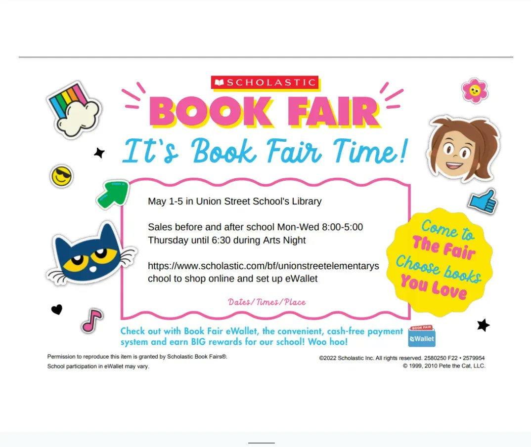 UnionVt's tweet image. Scholastic Book Fair is coming to Union Street! Check out the flyer below for information. ⬇