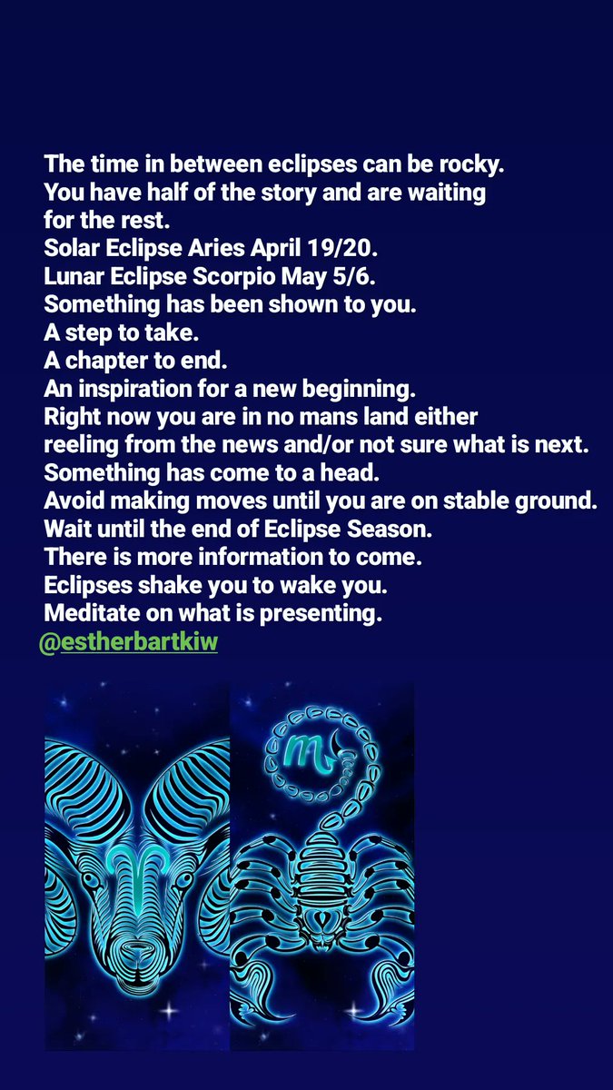 In-between eclipses.
Solar Eclipse Aries April 19/20
Lunar Eclipse Scorpio May 5/6
#Eclipse2023