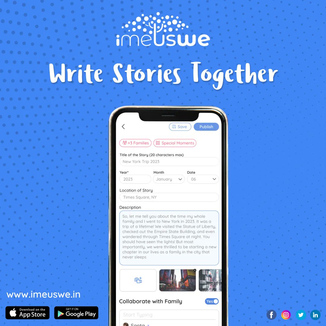 iMeUsWe_in's tweet photo. #Stories are what unite us. Share your #FamilyStories in collaboration with your loved ones on iMeUsWe and preserve them for future generations.
Download #iMeUsWe and start sharing your family stories!!! - https://t.co/bXp7VLD10V
#WriteStories #IndianFamily https://t.co/W4JgOT6WBy