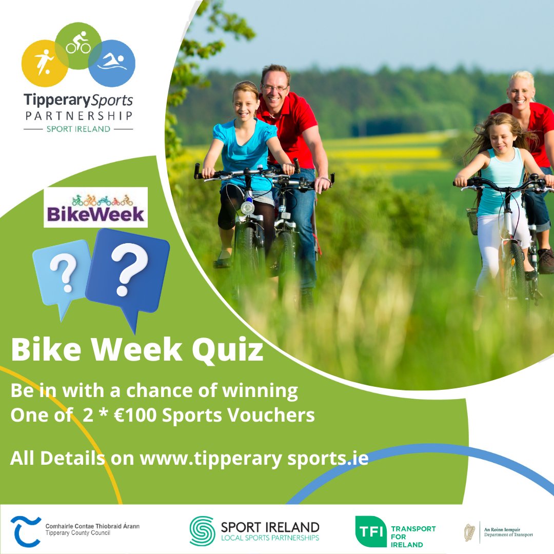 Do you know all there is to know about bikes🚲.
Are you ready to take on the challenge of our 𝐁𝐢𝐤𝐞 𝐖𝐞𝐞𝐤 𝐐𝐮𝐢𝐳😀
Click on this link to take the quiz ➡️➡️tipperarysports.ie/content/bike-w…
Closing date for receipt of entries is Monday 22nd May at 4.00pm.

#BikeWeek #Cycling