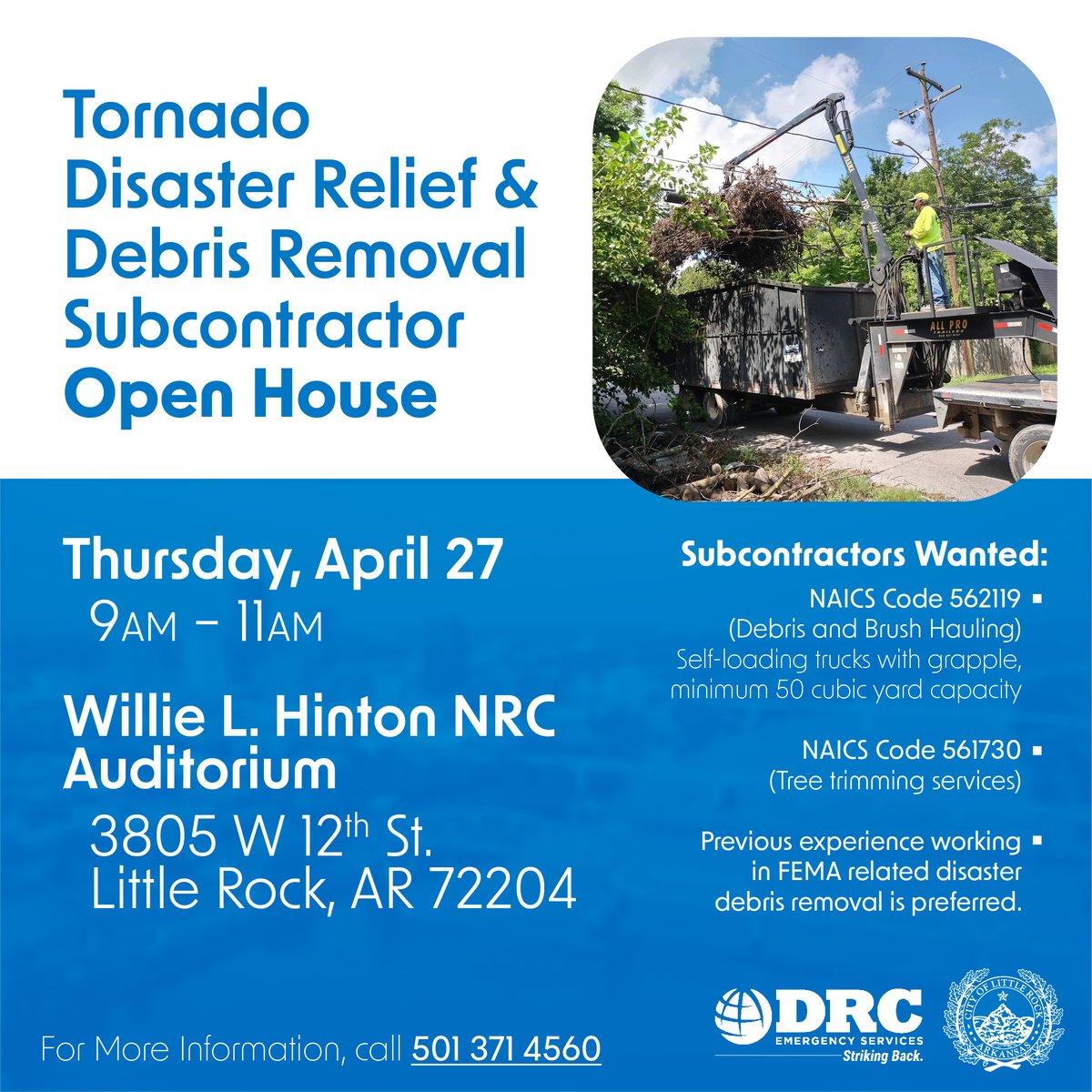 CityLittleRock's tweet photo. If you're interested in becoming a City of Little Rock subcontractor to help remove debris from tornado-effected communities, come to the Subcontractor Open House TODAY, April 27 at 9 AM at the Willie L. Hinton Neighborhood Resource Center.

We are #LRStrong #Progress

[1/2] https://t.co/Dta1DuY5Yu