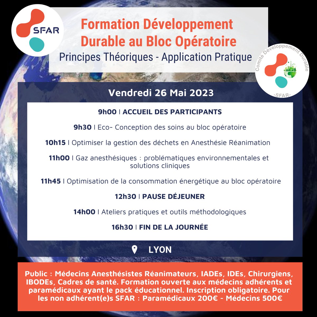 SFAR_ORG's tweet photo. 📆 Lyon, tenez-vous prêts ! Le comité développement durable débarque le 26/05 pour sa formation 🤓

Inscrivez-vous dès maintenant ➡️ https://t.co/fAbqaPvdgG

@AJARFrance @SyndicatSnarf @SNPHARE @IADE_de_France @SNJeunesAR @jeunesMIR @contactfnir @cnear_fr @SFARJeunes @FLallemant https://t.co/otrtedMZfF