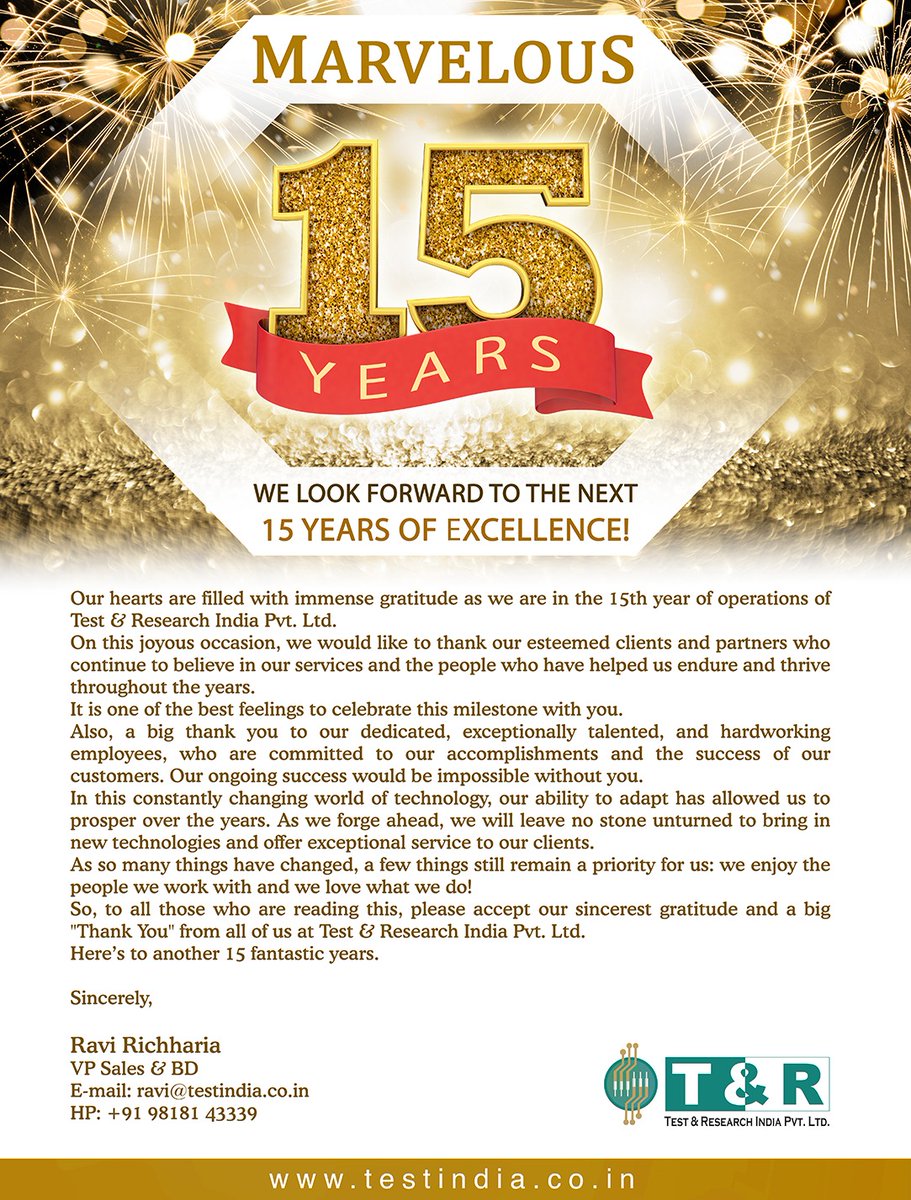 TRIndia2's tweet image. 🎉🎉Celebrating 15 years of Test & Research India Pvt. Ltd.
Thank you for supporting us; our hearts are filled with immense gratitude for everyone.
#smt #pcbassembly #pcbtesting #electronicmanufacturing