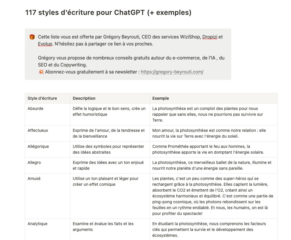 J'ai compilé pour toi 117 styles d'écriture pour ChatGPT 🎁

Fini les textes insipides de ChatGPT, met un style et obtient du contenu percutant !!

Pour obtenir la liste des 117 styles avec un exemple pour chacun :
- RT
- Commente "STYLES"

Et suis-moi pour recevoir le DM 😉
