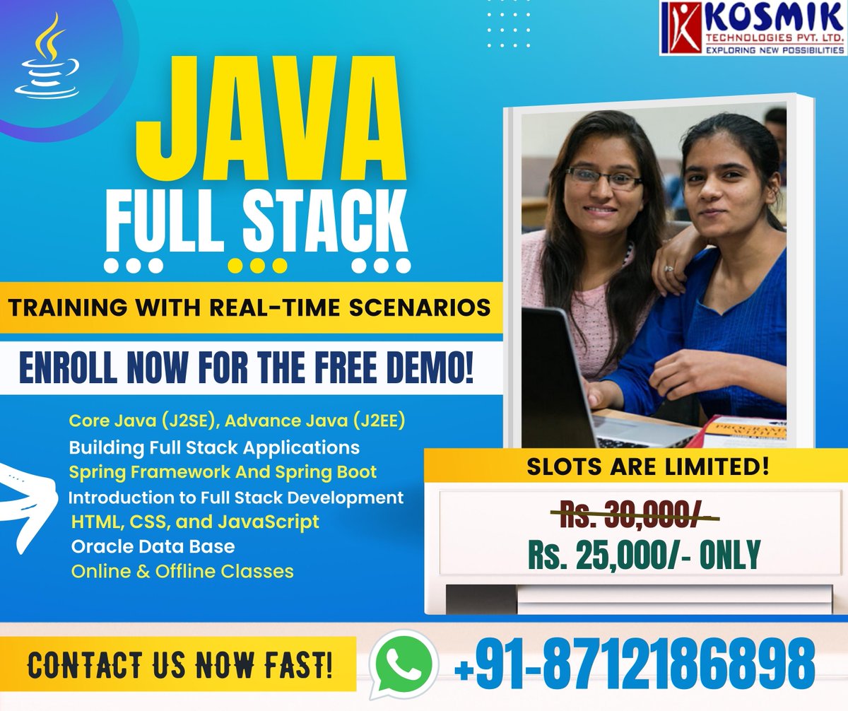 Kosmikteck's tweet image. JAVA Full stack training in Hyderabad
Register for a free demo: bit.ly/2KKDgEO
Phone no: 8712186898
#javafullstack #JAVAFullstackonlinetraining #javaprogramming #javascriptdeveloper #JAVAOnlineTraining #Bestjavatraining
#JAVAFullstacktraininginhyderabad