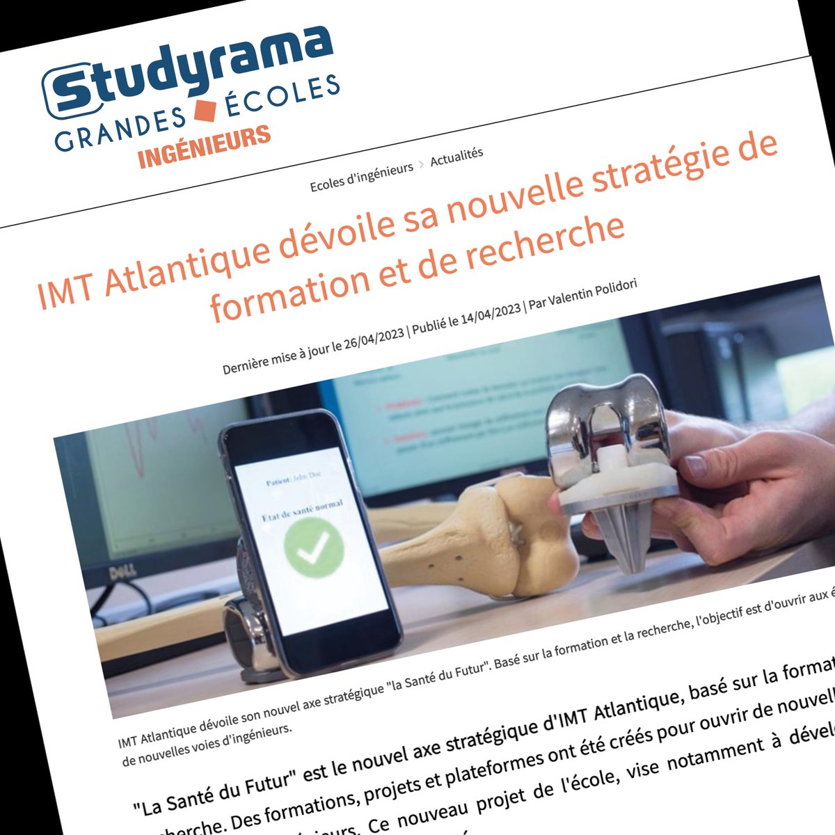 [🗞#Presse ] <a href="/s_grandesecoles/">Studyrama G Ecoles</a> dédie un article à la #Santé du #Futur, axe stratégique d'#IMTAtlantique
De la formation proposée autour de #ingénierie #Sante, aux avancées #scientifiques #MedTech &amp; de l’accompagnement des soignants...
La suite👉 urlz.fr/lBm2
#LabSticc