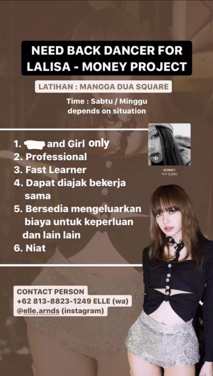 ArnandaLakeisha's tweet photo. Need Back Dancer for Lalisa - Money Project, latihan setiap hari minggu di Mangga Dua Square Mall / Mangdu. Kostum sudah disediakan, slot masih ada 5 yaaaa . LET'S DROP OUR F MONEY 🤑🤑🤘🏻🤘🏻
#backdancer #Dancer #MONEY #blackpink https://t.co/ZF0gVImuhh