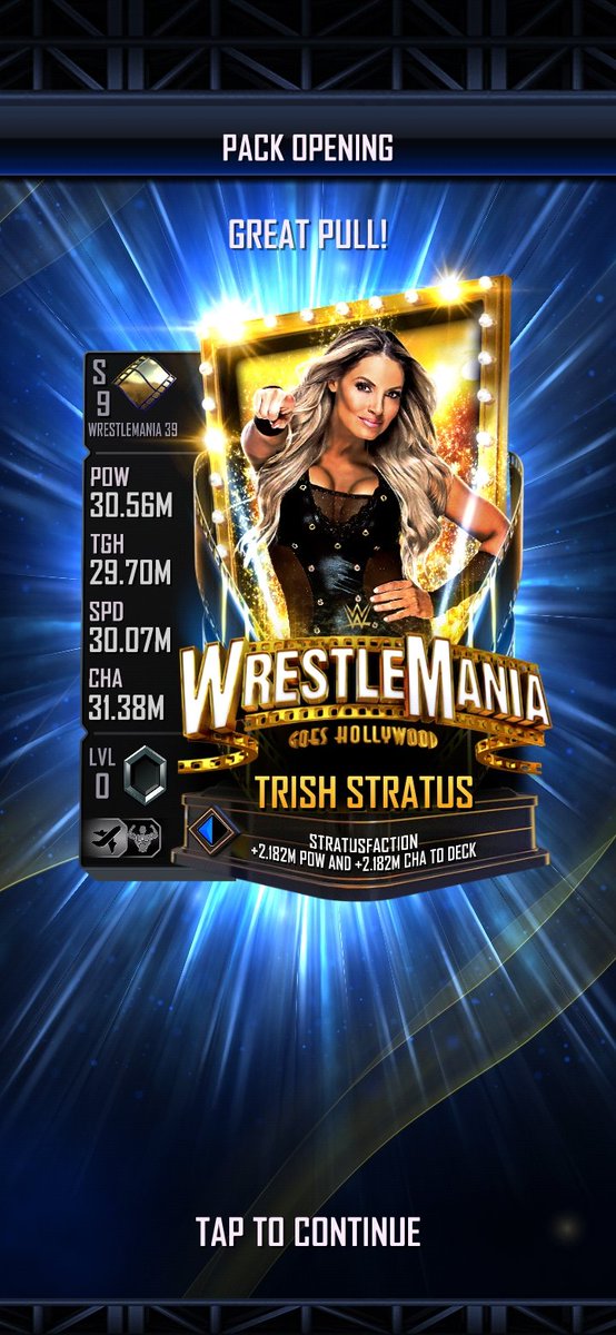 I know I'm late but I got the Trish Stratus card for 15k BattlePoints. This card is a NEED just because of the proc. Don't know if I'll be able to get the pro as 24k SuperCoins is alot. 

Also, 2nd Dusty Rhodes stub pack was a dud
#WWESuperCard https://t.co/6ce90taI5x