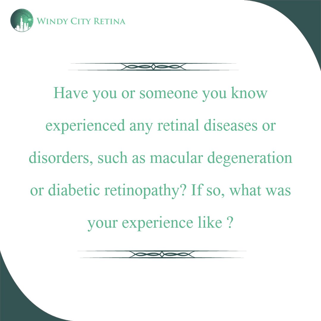 WindyCityRetina's tweet photo. We want to hear from you! If you or someone you know has experienced a retinal disease or disorder, share your story with us in the comments below. Consult Dr. Ankit Desai 📞 (815)714-9115
#WindyCityRetina #RetinalDisease #EyeHealth #MacularDegeneration #RetinaAwareness https://t.co/1OvbmCyyWm