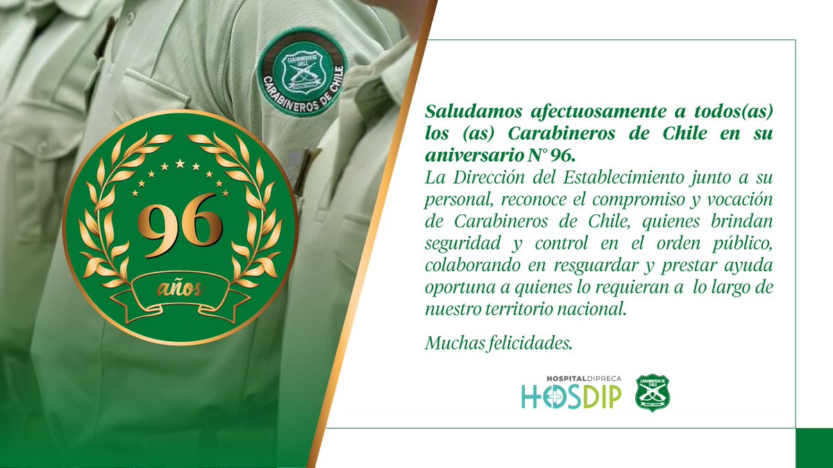 HosDip's tweet photo. Muchas felicidades Carabineros de Chile en sus 96 años.
#Chile #carabinerosdechile #aniversariocarabineros #96años #saludo https://t.co/Bnr9uE409V
