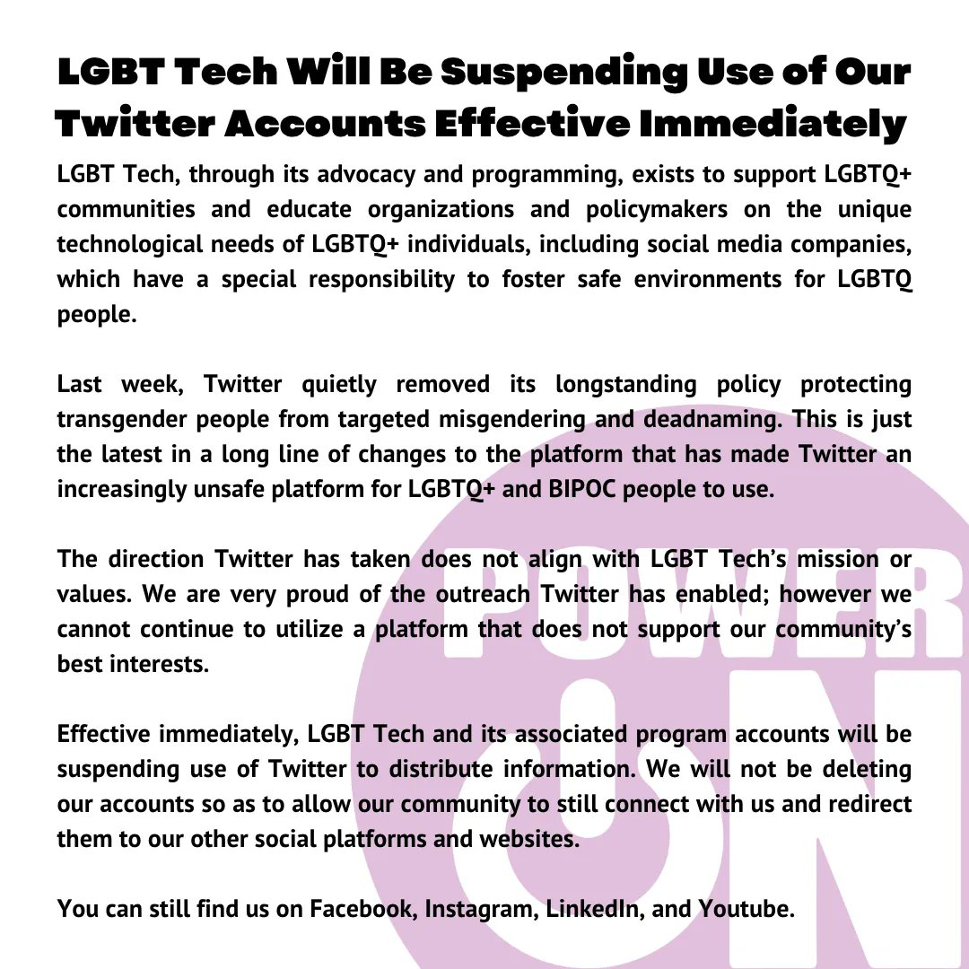 PowerOnProgram's tweet image. Effective immediately, we are suspending the use of Twitter to distribute information.  We will not be deleting our accounts so as to allow our community to still connect with us and redirect them to our other social platforms and websites.