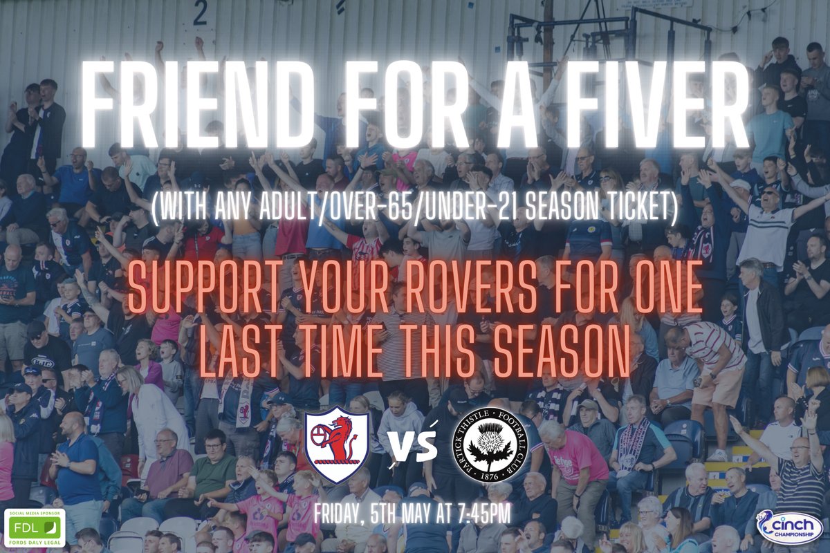 RaithRovers's tweet photo. Our Friend For a Fiver deal is back for the final game of the season 🥳
Next Friday night, let’s get right behind #YourRovers and cheer on our 2022/23 squad one last time 💙
All info⤵️
https://t.co/CQYtPIfVtQ
#BeAPartOfIt #ImARover https://t.co/c91UkLjHxI