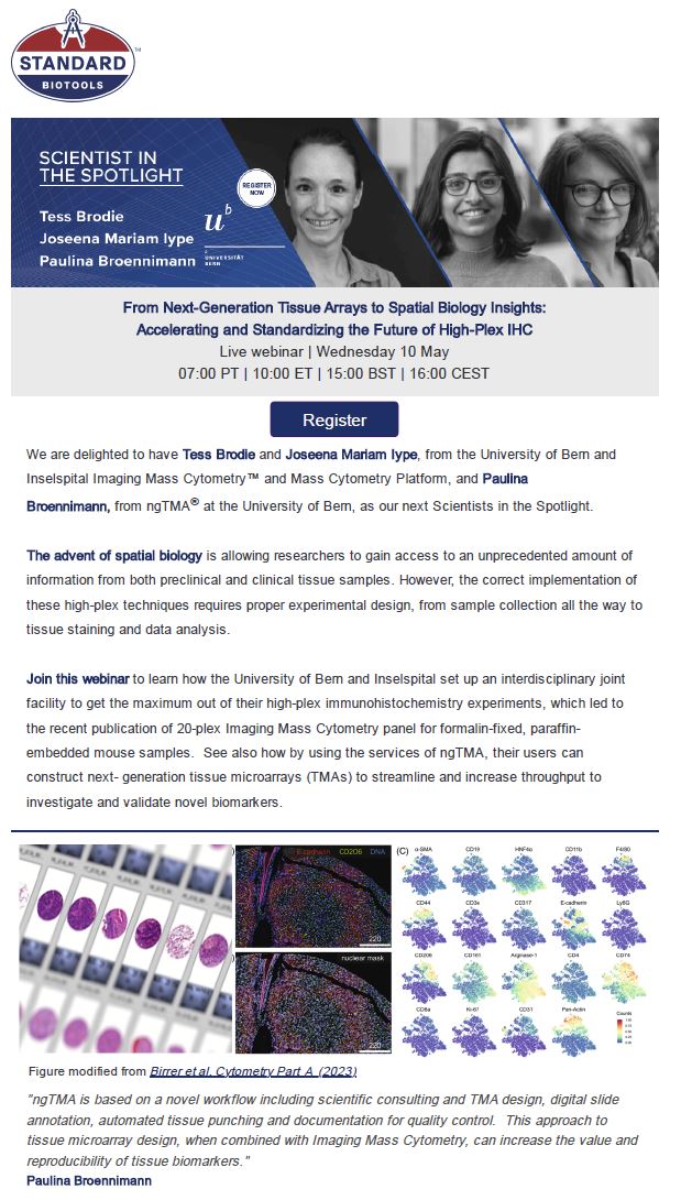 We are thrilled to invite you all to our exciting SBT-hosted webinar on spatial biology featuring our own Tess Brodie and Joseena Iype from the IMC Platform, and Paulina Broennimann from ngTMA® at the University of Bern.#webinar #spatialbiology @DBMR @Unibern @Inselspital <a href="/ng_tma/">ngtma</a>