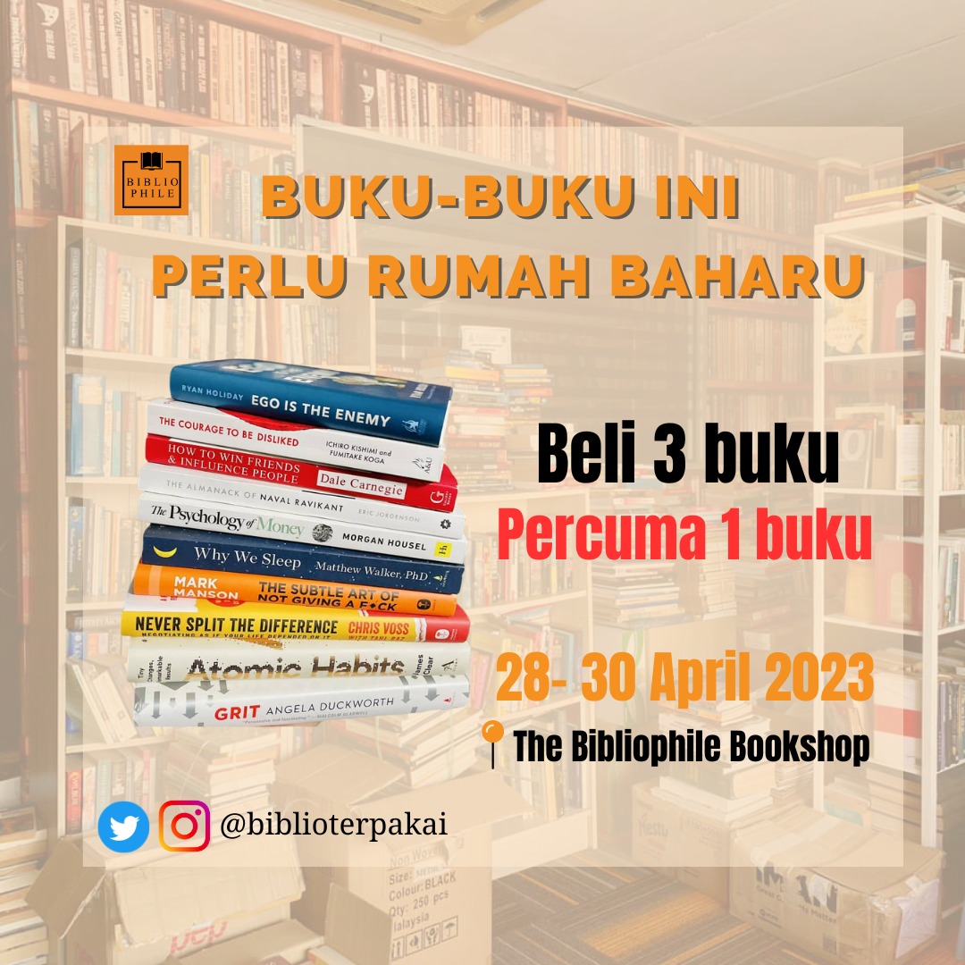 BiblioTerpakai's tweet photo. Tawaran istimewa untuk anda supaya anda boleh bawa buku-buku @BiblioTerpakai ini ke rumah baharu nanti!

Edisi kali ini akan berlangsung selama 3 hari dari 28-30 April 2030. 

Harga buku serendah RM5-RM10. 

Jemput datang ke 
📍The Bibliophile Bookshop https://t.co/KqU5ikibmA