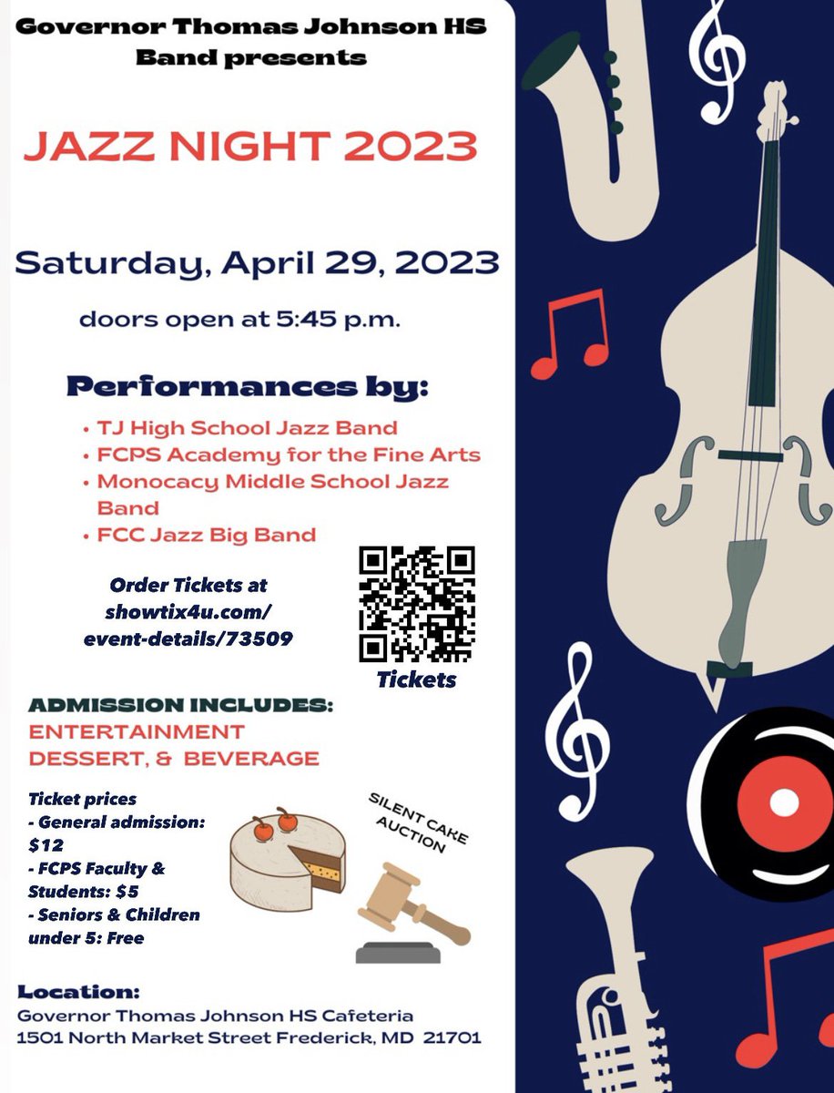 Come out to TJ on Saturday Night for our Annual TJ Jazz Night! Featuring Performances by the TJ Jazz Band, MoMS Jazz Band, AFA, and the FCC Jazz Big Band. Admission includes entertainment, dessert, and a beverage. 

Hope to see you there! 

#WeAreVPA #PatriotNation #JazzBand