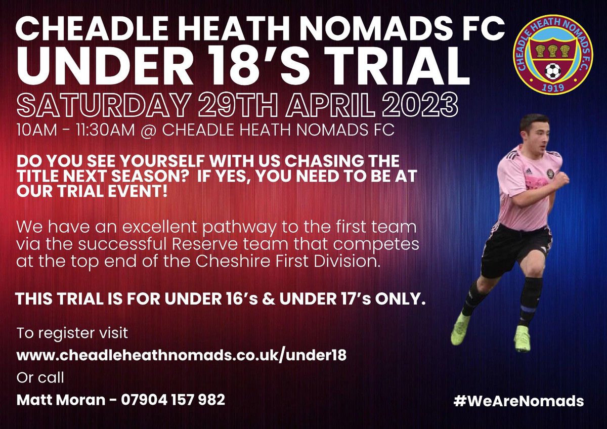 The trial game this weekend for our Under 18s - register now if you are interested and please share!

cheadleheathnomads.co.uk/under18/

#WeAreNomads