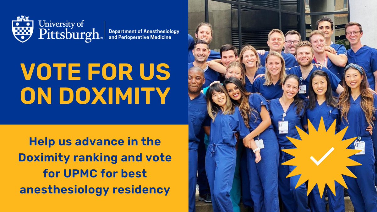 If you are a board-certified alum who trained <a href="/UPMC/">UPMC</a> #Anesthesiology #Residency, we are looking for you! Vote for us on <a href="/Doximity/">Doximity</a> - you will need an active profile and have Board Certification &amp; Residency added on your profile. Learn more &amp; vote: buff.ly/3L6qnkw #Alumni