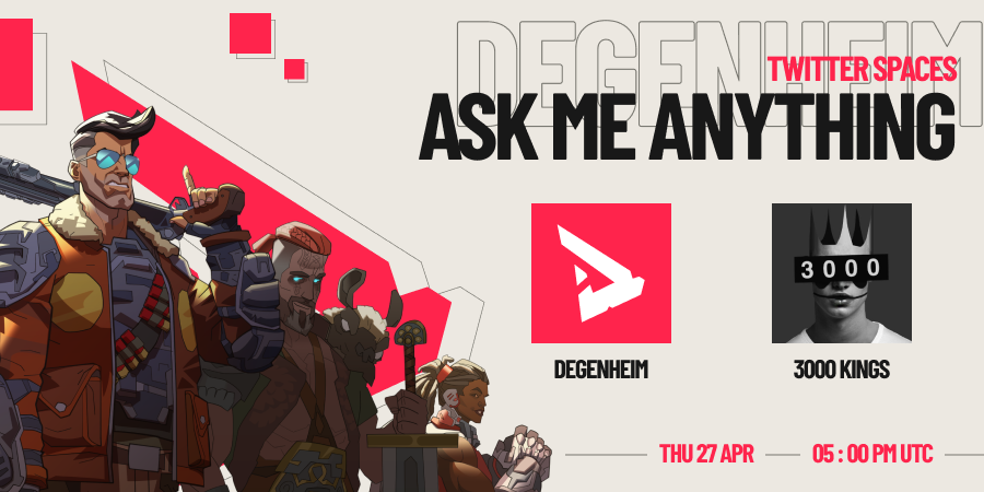 GM Degens !

Join us for our Spaces with <a href="/3000kingsnft/">3000KINGS</a> on their mind-bending journey in Digital fine art &amp; RRReality ! 

Kicking-off the Spaces at 1PM EST | 5PM UTC &amp; don't forget to hop in to discord.gg/degenheim to get yourself a spot for their upcoming mint!