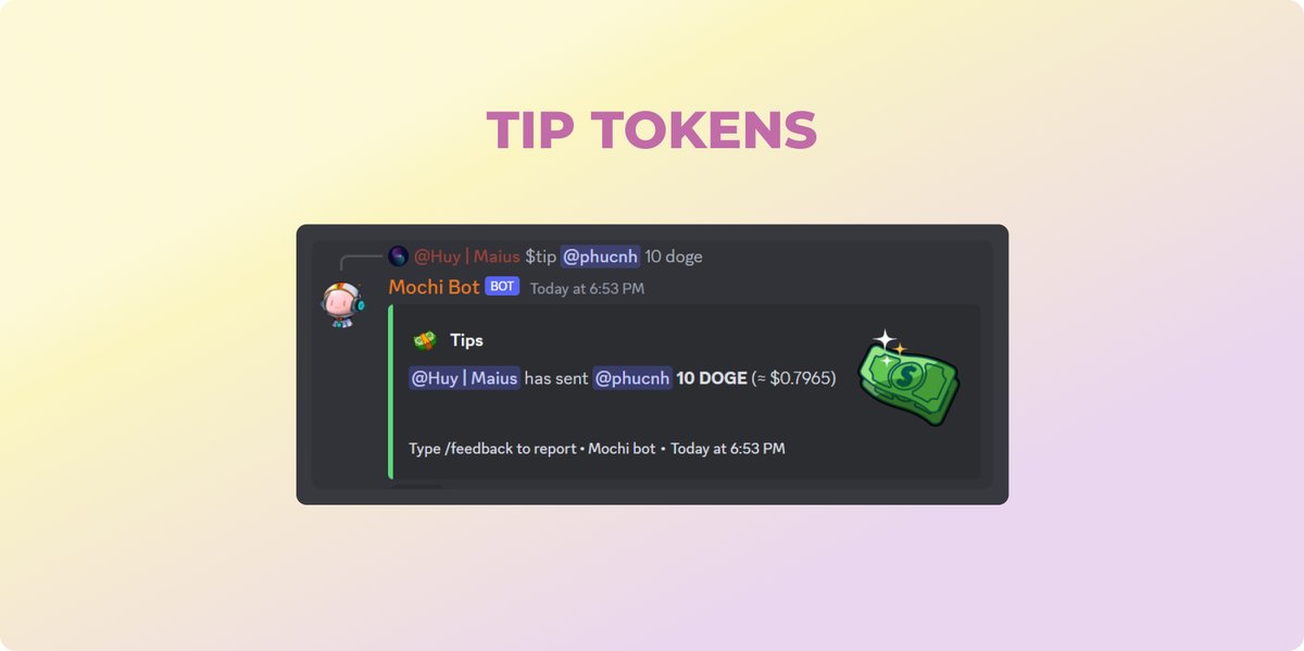 mochi_gg_'s tweet photo. MOCHI PAY
Transferring crypto can be quite a hassle. But with Mochi, all it takes is one command.
⚡ Instantaneous tipping
🔗 Off-chain and on-chain
☕ Tip monikers
💬 Customized message
💸Tip Discord, Twitter, Telegram, and Email

#NFTs #Crypto #MochiBot @pod_town @mochi_gg_ https://t.co/Z6LwMSXy27