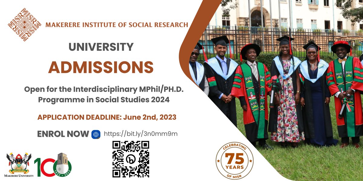 Makerere Institute of Social Research (MISR) (@misr_mak) on Twitter photo 📢 Applications for the Interdisciplinary #MPhil/Ph.D. Programme in Social Sciences <a href="/MISR_Mak/">Makerere Institute of Social Research (MISR)</a> is now open. Visit our website for more information and apply at bit.ly/3n0mm9m. #universityadmissions #education #careerdevelopment #MISR@75 📢 Applications for the Interdisciplinary #MPhil/Ph.D. Programme in Social Sciences <a href="/MISR_Mak/">Makerere Institute of Social Research (MISR)</a> is now open. Visit our website for more information and apply at bit.ly/3n0mm9m. #universityadmissions #education #careerdevelopment #MISR@75
