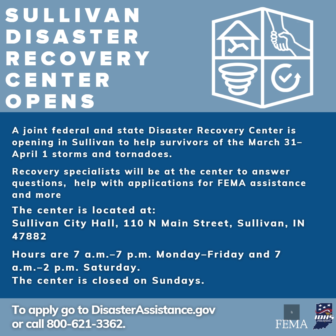 Disaster Recovery Centers are opening in affected areas, with more opening soon. Find details on the current ones below. To apply for assistance without visiting a center, call 800-621-3362, or go online to DisasterAssistance.gov.

To find a center, visit fema.gov/drc