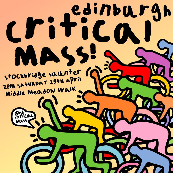 What do we want? Safer cycling infrastructure
When do we want it? NOW!

Join us this Saturday 29th April to fight for safe streets in Edinburgh.

We set out at 14:00 from Middle Meadow Walk!

#Cycling #CriticalMass #SafeCycling #ActiveTravel