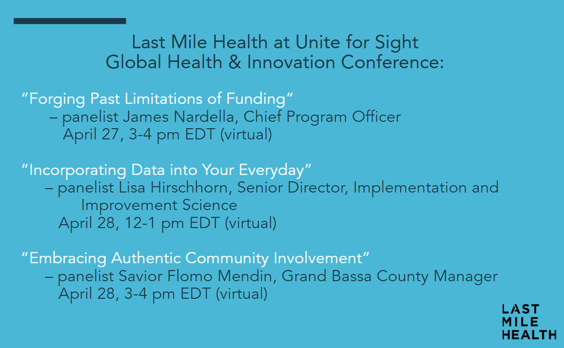 Last Mile Health (@lastmilehealth) on Twitter photo Last Mile Health is excited to attend <a href="/uniteforsight/">Unite For Sight</a>'s Global Health & Innovation Conference, where our team will speak on panels to share insights on funding, data, and community involvement as we work to invest in #proCHWs to drive #HealthForAll. Find us at the events below: Last Mile Health is excited to attend <a href="/uniteforsight/">Unite For Sight</a>'s Global Health & Innovation Conference, where our team will speak on panels to share insights on funding, data, and community involvement as we work to invest in #proCHWs to drive #HealthForAll. Find us at the events below: