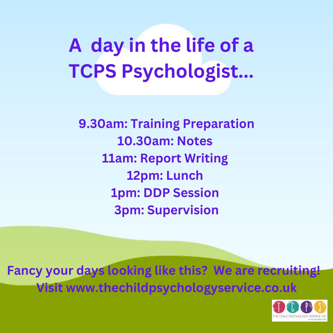 Have you ever wondered what a day working at TCPS looks like for one of our psychologists? On any given day, you could be doing training, practice and supervision. There's never a dull moment! 
thechildpsychologyservice.co.uk/about/career-o…

#ddptherapist #childpsychologist #psychologyjobs #dclinpsy
