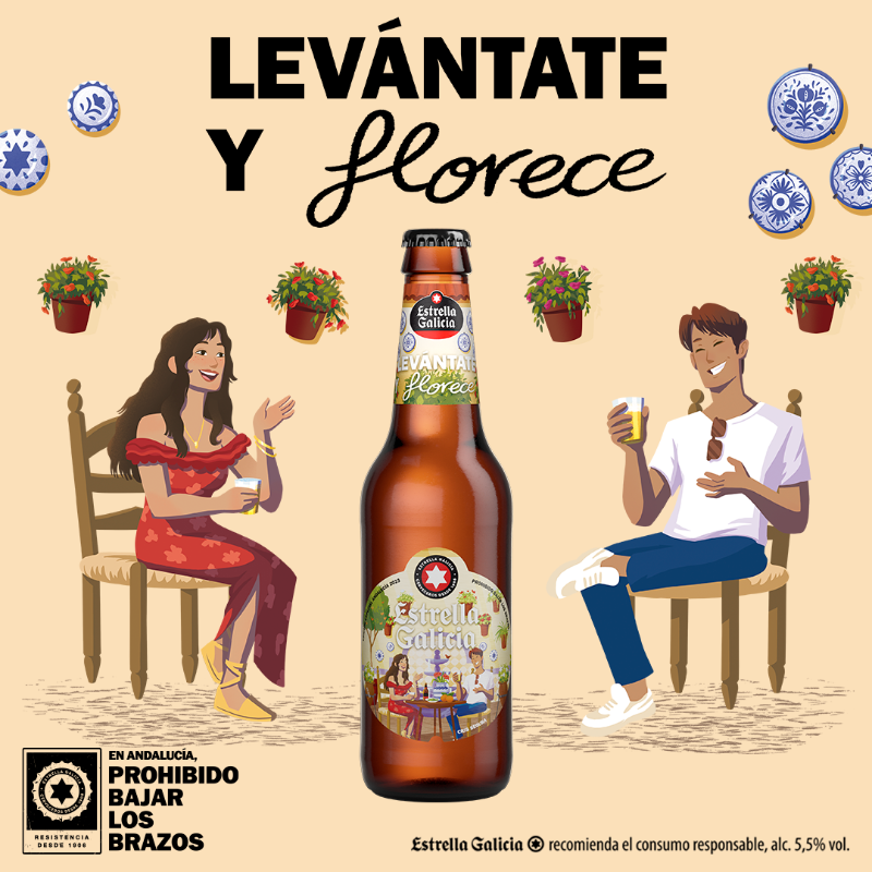 estrellagalicia's tweet photo. Andalucía, nuestra botella más especial acaba de florecer. Una edición que rinde homenaje a la artesanía y a su gente, a los patios y a su arquitectura y también a la primavera y a sus naranjos, flores de azahar, claveles y geranios que le dan color 🌺
