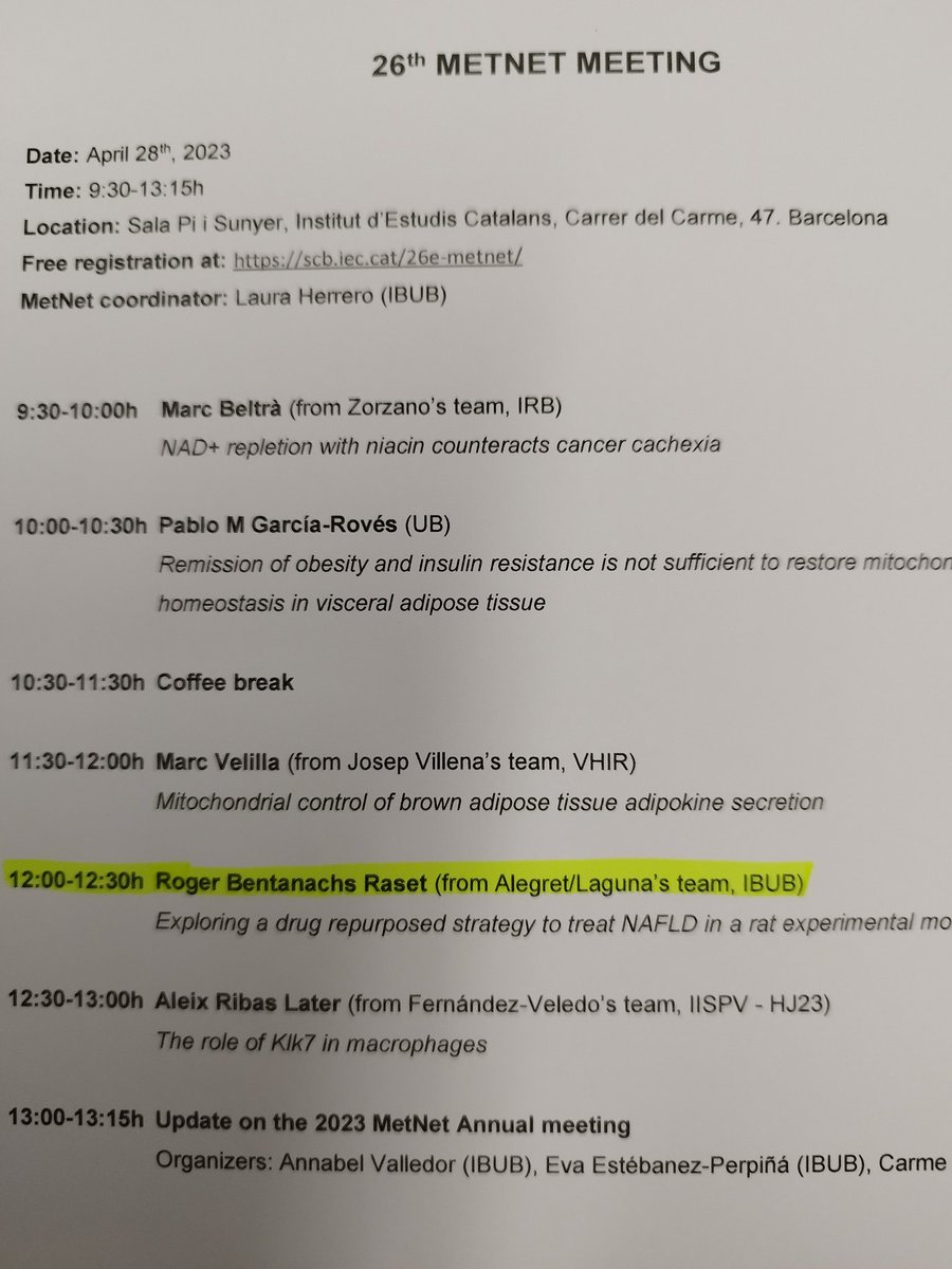 AlegretLab's tweet photo. Tomorrow, at the 26th MetNet meeting, Roger Bentanachs @RbentanachsR will talk about drug repurposing in NAFLD https://t.co/ELpWYJlEft