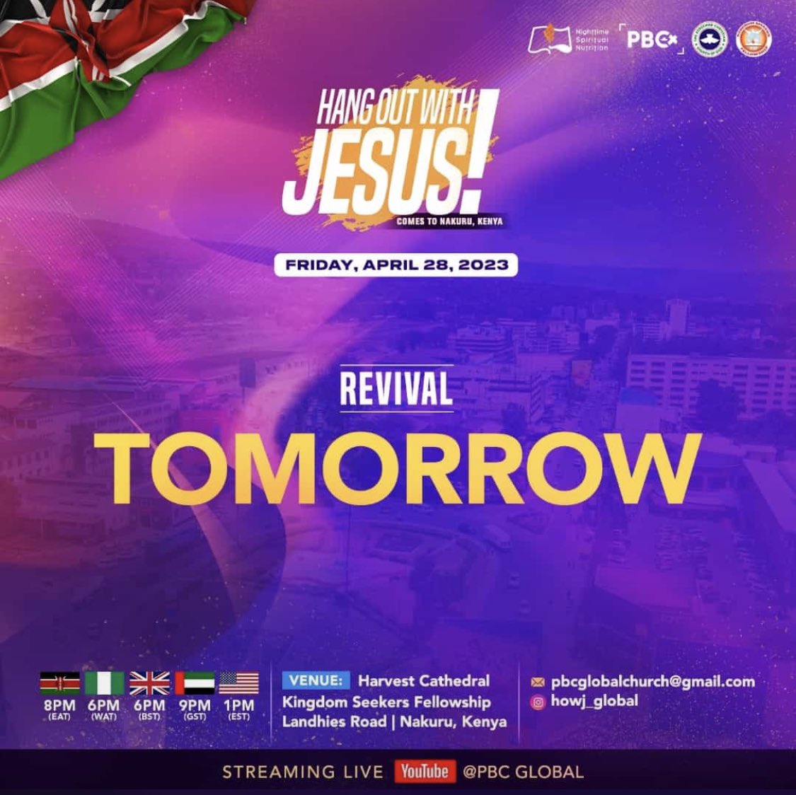 AmenRadio1's tweet photo. 1 Day to Hangout with Jesus! Don't miss out on this powerful experience
-
Streaming live on YouTube. Check the flyer for more
-
cc: @pbc_global
-
#1daystorevival #HOWjKenya #HOWJGlobal #NSNAlter #YearofRighteousBoldness #PBCGlobal #RCCG #GlobalChurch #AmenRadio #AmenRadio1 https://t.co/7wCqrDKRtV