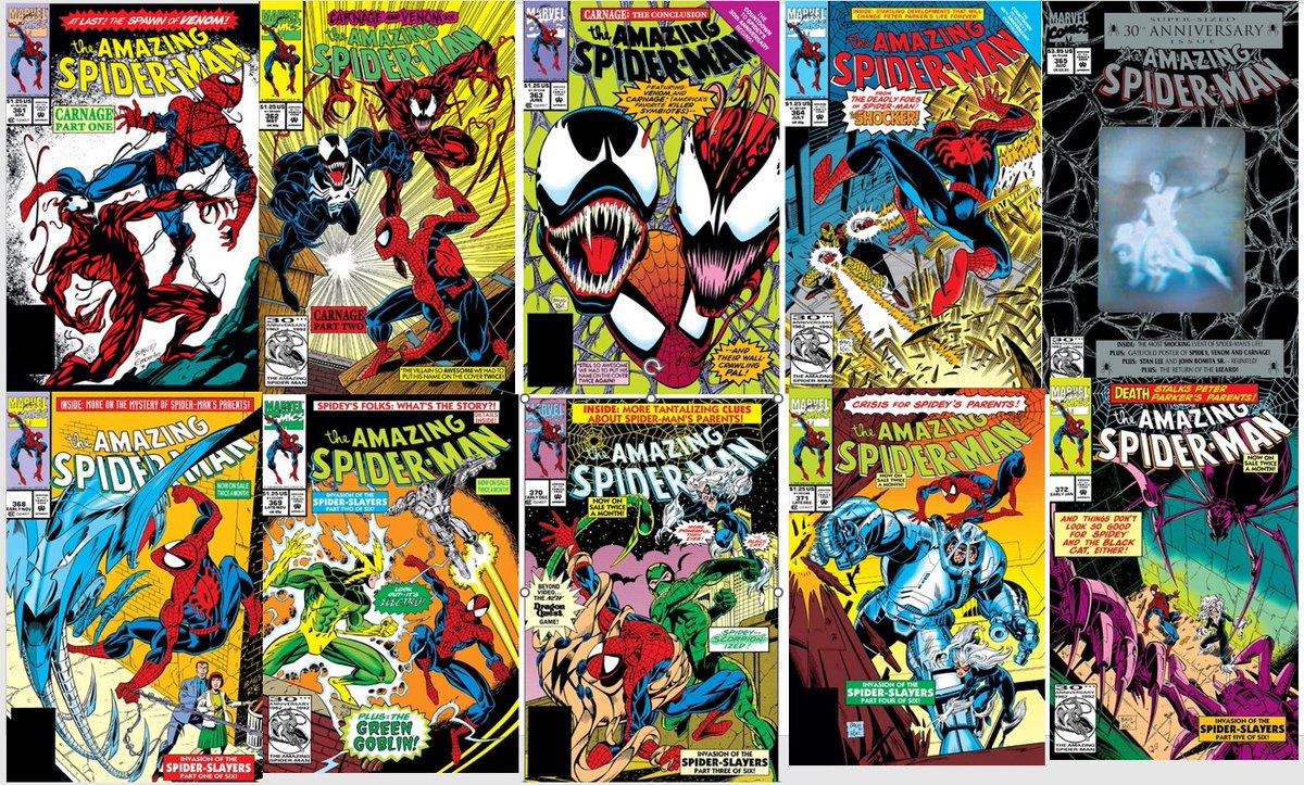 Cinemadroide's tweet photo. #COMICS #MyClassics la dernière partie du run de Michelinie est marquée par les débuts et la progression de Mark Bagley sur le titre et l'introduction de Carnage et l'héroïsation de Venom. Mais les intrigues tournent à vide et commencent les Xover qui annonce la Clone Saga. https://t.co/XW8mXzbXFo