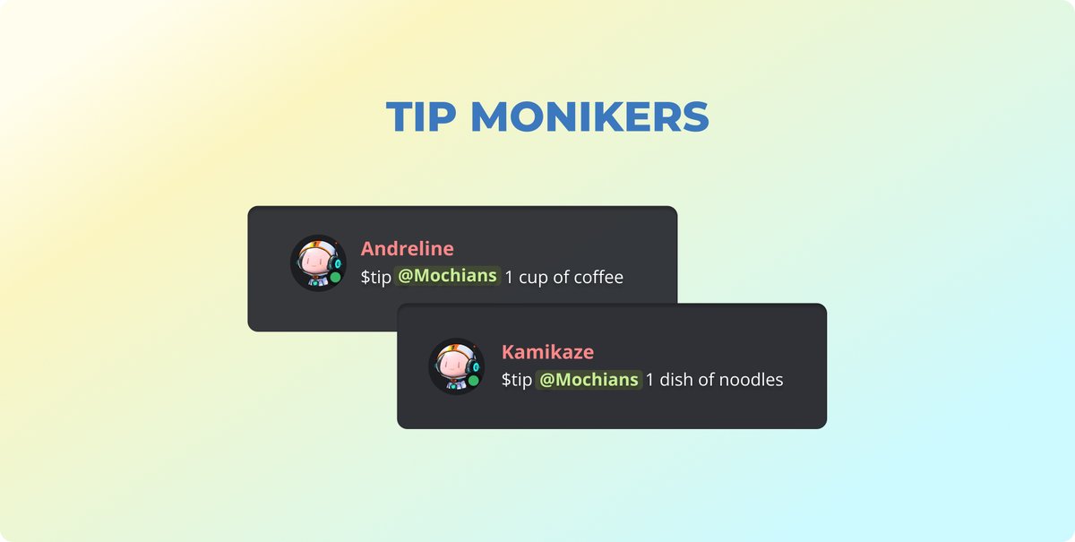 mochi_gg_'s tweet photo. MOCHI PAY
Transferring crypto can be quite a hassle. But with Mochi, all it takes is one command.
⚡ Instantaneous tipping
🔗 Off-chain and on-chain
☕ Tip monikers
💬 Customized message
💸Tip Discord, Twitter, Telegram, and Email

#NFTs #Crypto #MochiBot @pod_town @mochi_gg_ https://t.co/Z6LwMSXy27