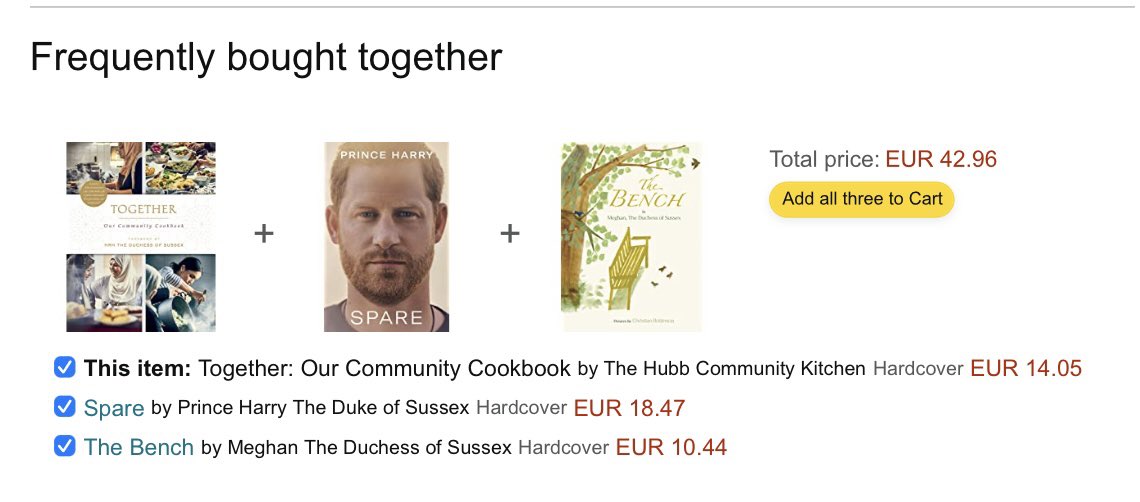 ingek73's tweet image. I love this ‘frequently bought together’ list #MeghanMarkIe #PrinceHarry #hubbcommunitykitchen #spare #thebench