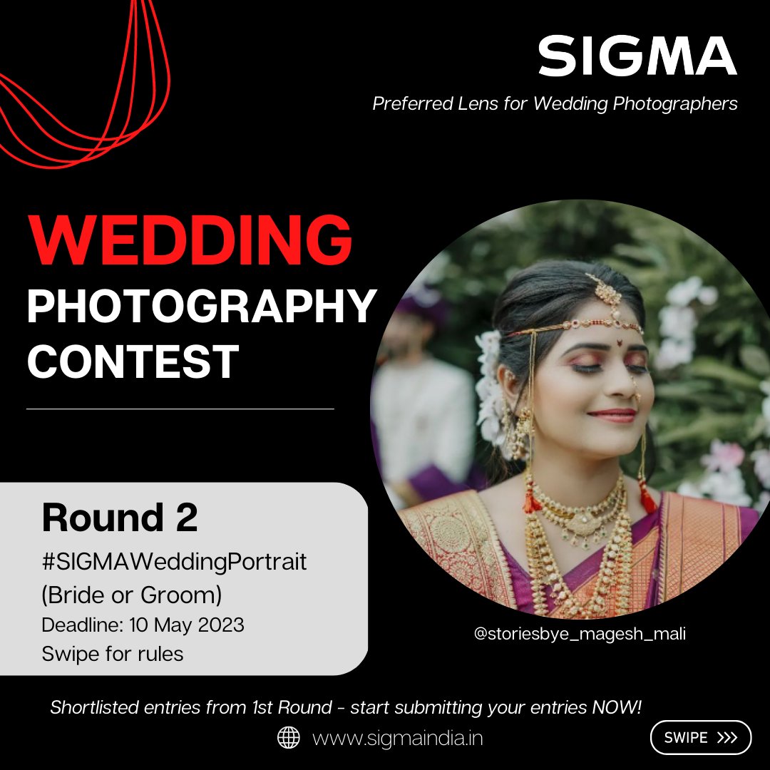 Sigma_India's tweet photo. Round 2 of our wedding photo contest is here! Congrats to the shortlisted photographers from Round 1. A wildcard entry is open for those who missed out, so don't lose hope! Submit your entries with #SIGMAweddingportrait to showcase your talent. #SIGMAcontest #weddingphotography https://t.co/1FQyxgQQwR