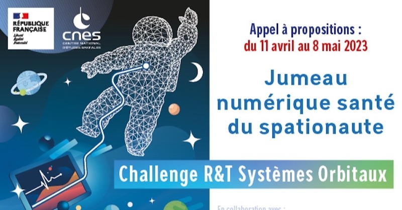 CNES's tweet photo. 🔴🌕 Dans l'optique des futures missions spatiales habitées de longue durée, la gestion de la santé des astronautes se complexifie. Pour stimuler l'écosystème, nous organisons avec @Medes_IMPS et @APHP un challenge R&amp;T sur le thème : « Le jumeau numérique santé du spationaute ».