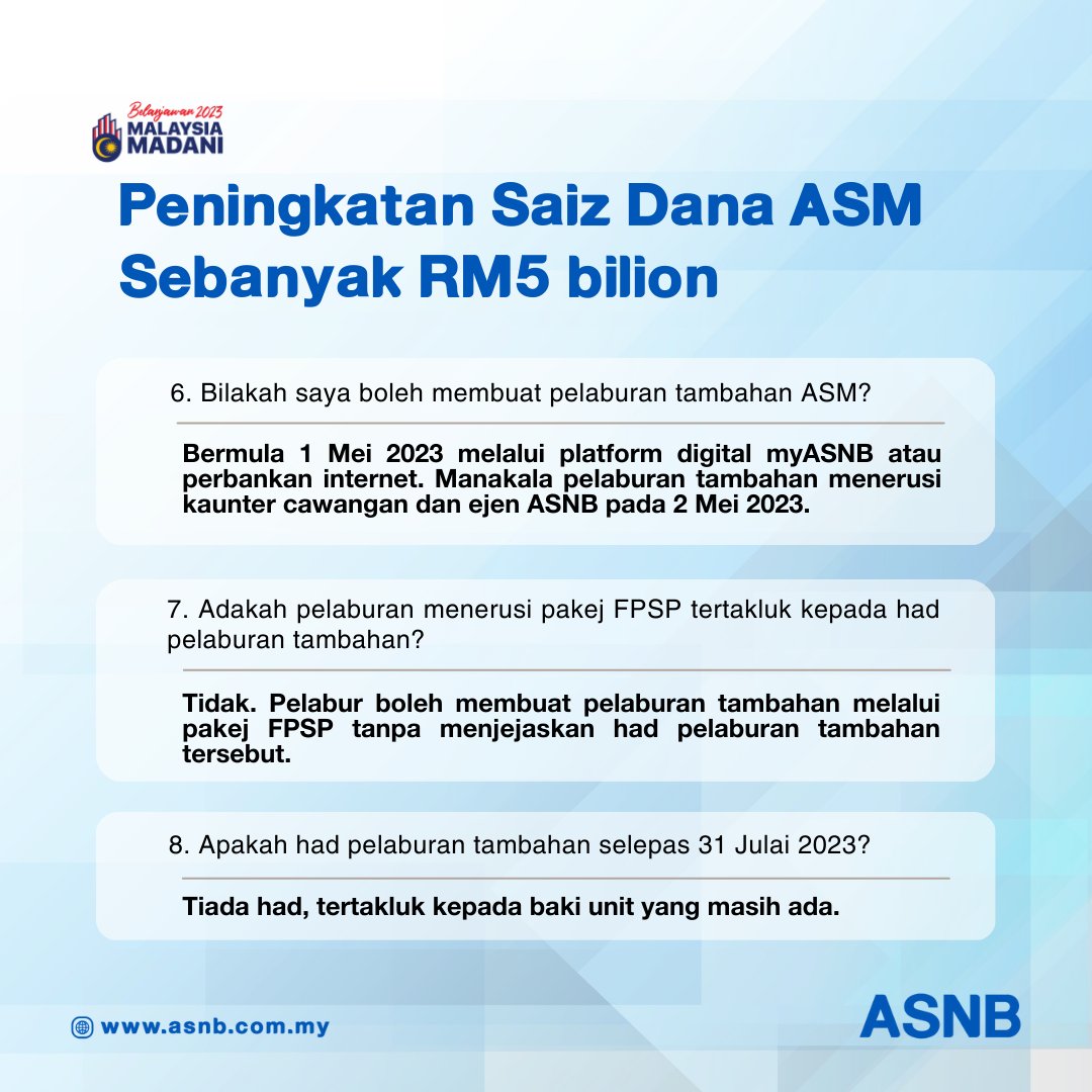 ASNBmy_official's tweet photo. Peningkatan saiz dana Amanah Saham Malaysia (ASM) sebanyak RM5 bilion bermula 1 Mei 2023.

Sama ada untuk simpanan kecemasan, ataupun perancangan untuk masa depan, anda boleh membudayakan simpanan dengan unit amanah harga tetap ASNB.

#StayInvested #ASM https://t.co/PHqOQoHkDZ